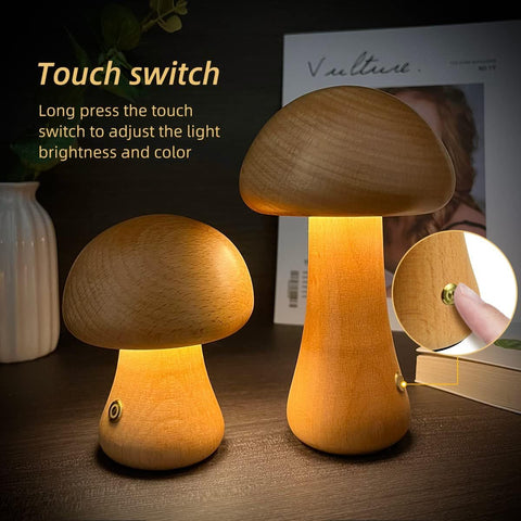 INS Wooden Cute Mushroom LED Night Light With Touch Switch  Bedside Table Lamp